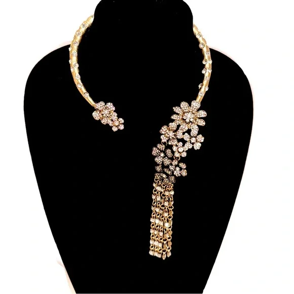 GOLDEN GLAM GODDESS | Designer Floral Crystal Waterfall Collar Necklace | NWT - Picture 4 of 8